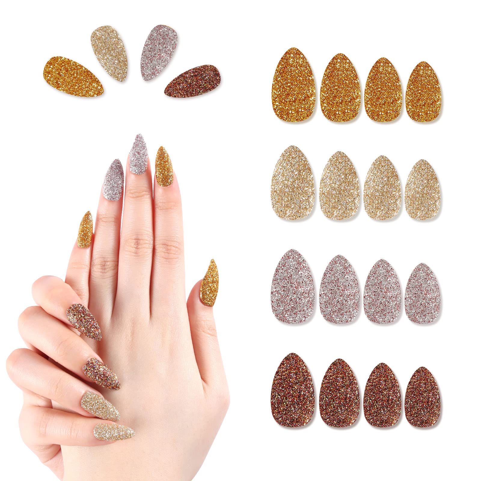 SIUSIO 96 Pcs Stiletto Fake Nails Press on Full Cover Top Coat Powder Glitter Bling Flakes Sequins Medium Covered Gel Length False Acrylic Nail Kits for Women and Girls(Gold & Silver Glitter Series)