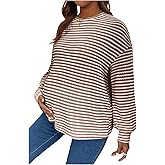 RoseSeek Women's Maternity Striped T Shirts Long Sleeve Crew Neck Drop Shoulder Fall Tops Maternity Clothes
