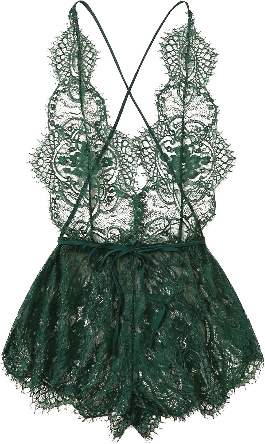 MakeMeChic Women's Lace Teddy Lingerie Deep V Backless Sleeveless Romper Sleepwear at  Women’s Clothing store