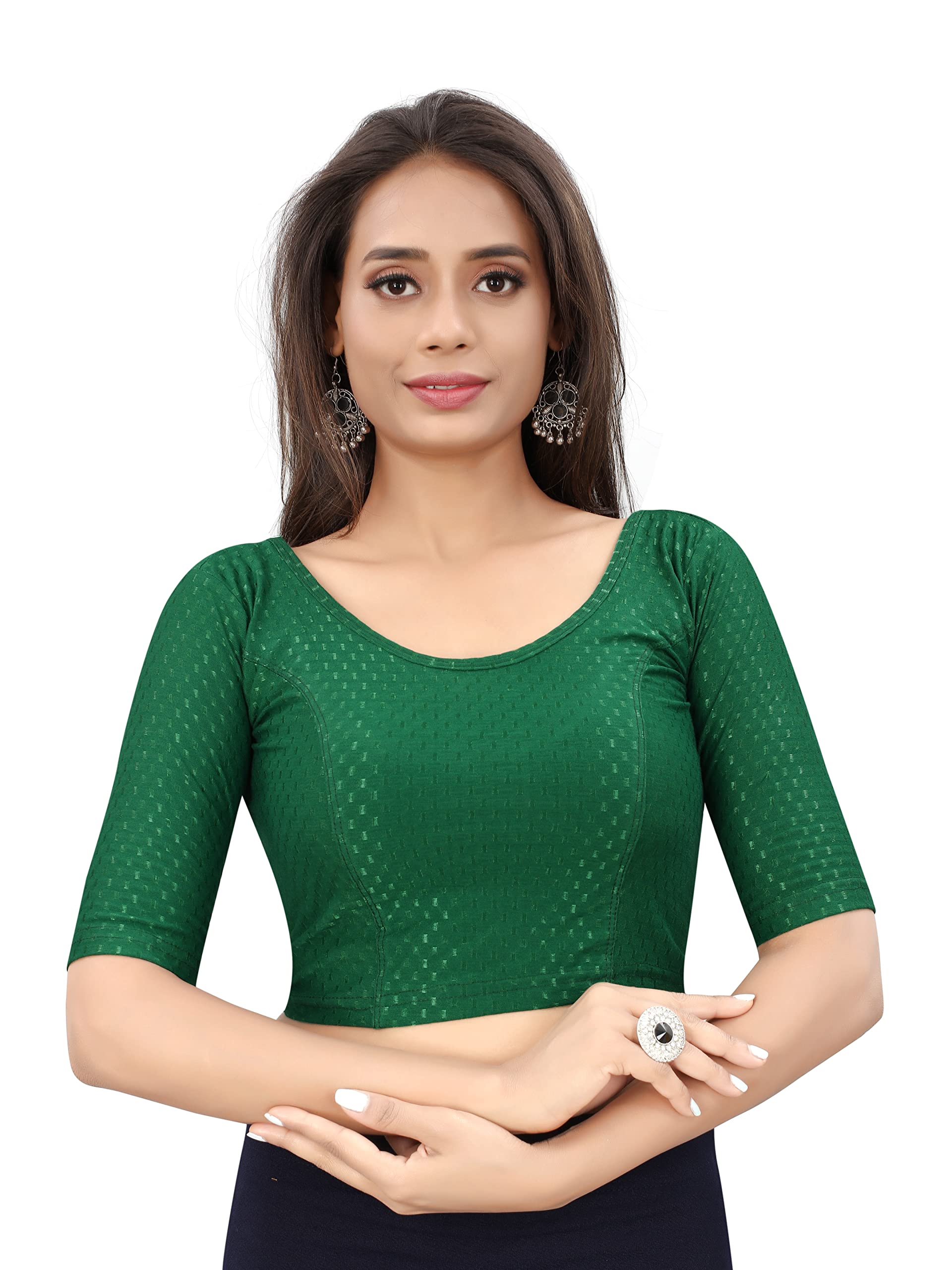 Photo 1 of SAGIBO Readymade Stretchable Elbow Sleeve Saree Blouse for Women | Dobby Cotton Blouse for Sarees, Lehengas & Fusion Wear | Comfortable, Breathable Fit, Green, Free Size (30-36)
