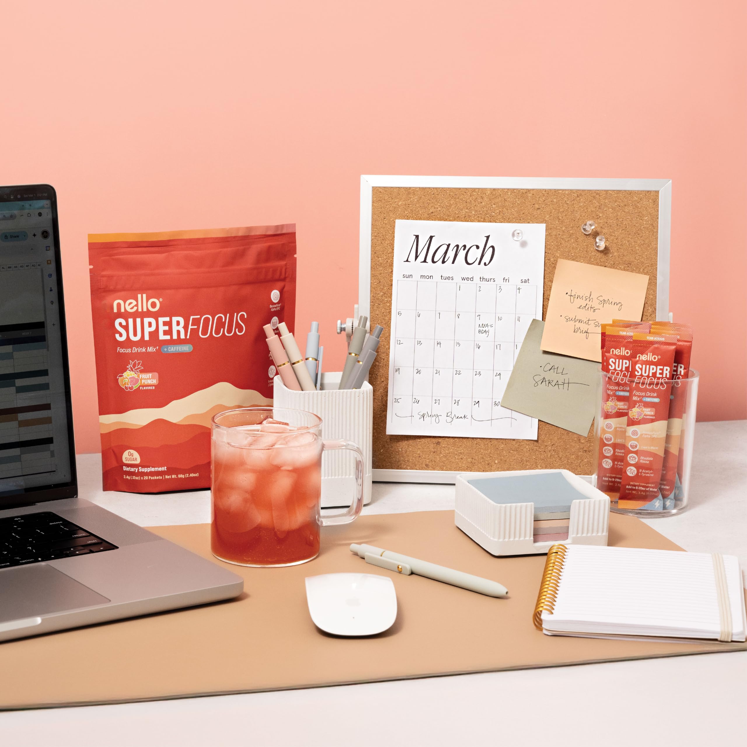 Nello SuperFocus Fruit Punch with Caffeine– Nootropic Focus Drink Mix, 20 On-The-Go Packets, Alpha GPC, Lion’s Mane, Rhodiola, Sugar-Free