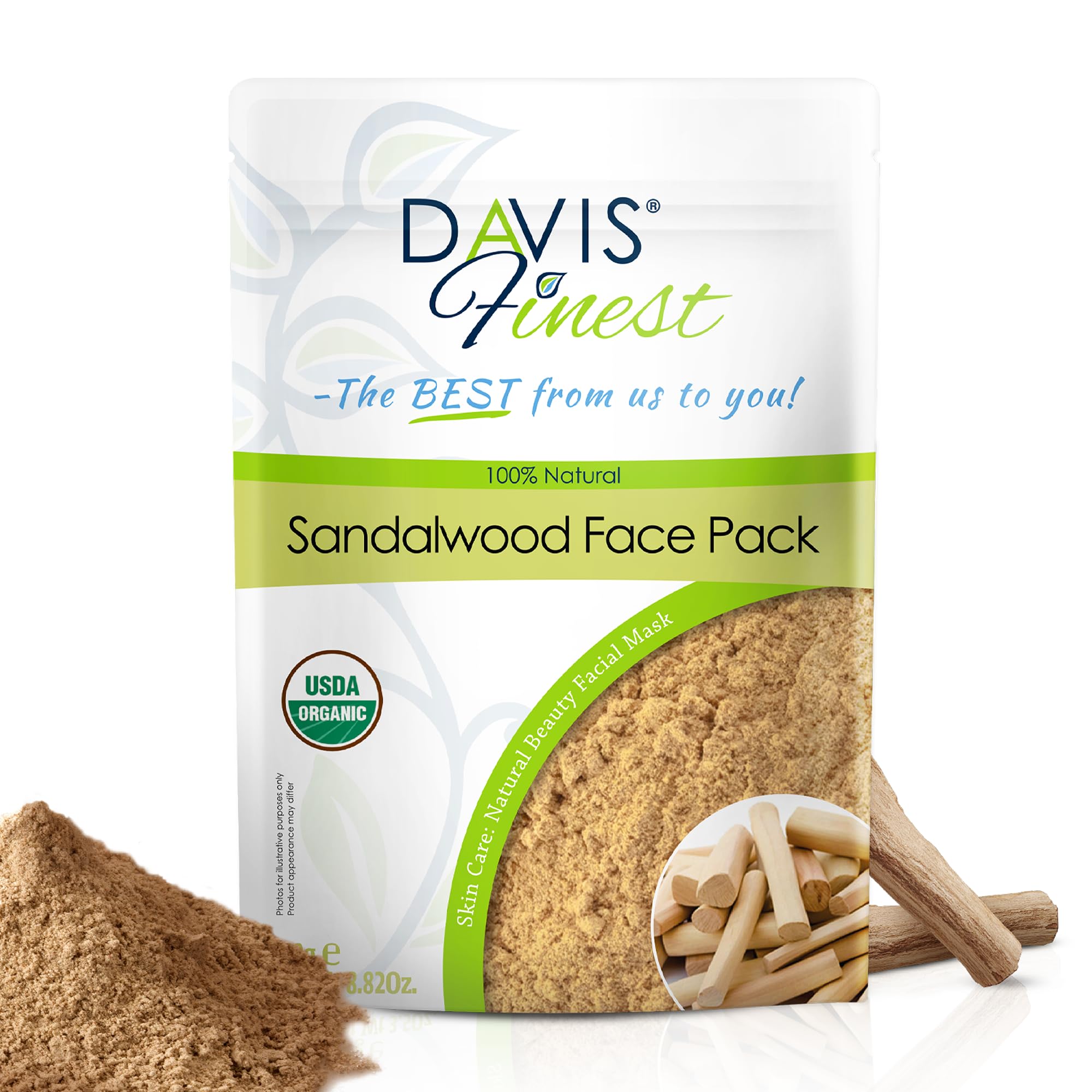 Davis Finest - Sandalwood Face Pack Powder, 250g - Pure Organic Chandan Powder for Skin Care, Dark Sports, Acne & Blemishes - Natural Face Mask for Glowing Radiant Skin - Vegan & Chemical-Free