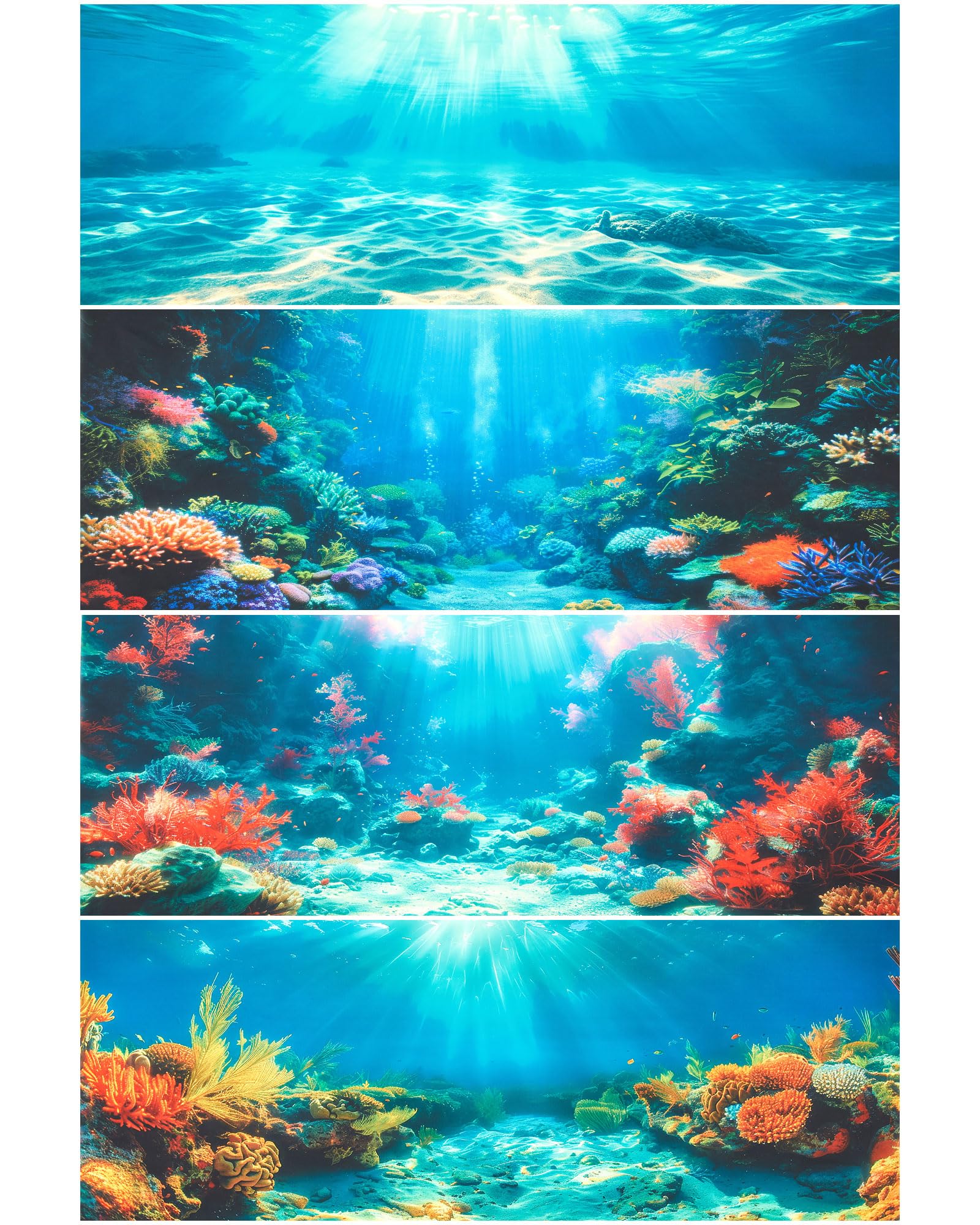 Photo 1 of Mindsoft 4 Pack Aquarium Background Polyester 48 x 18 Inch Cloth Fish Tank Background Undersea Corals Sunshines Rock Aquatic Plants Wallpaper with Double-Sided Tape