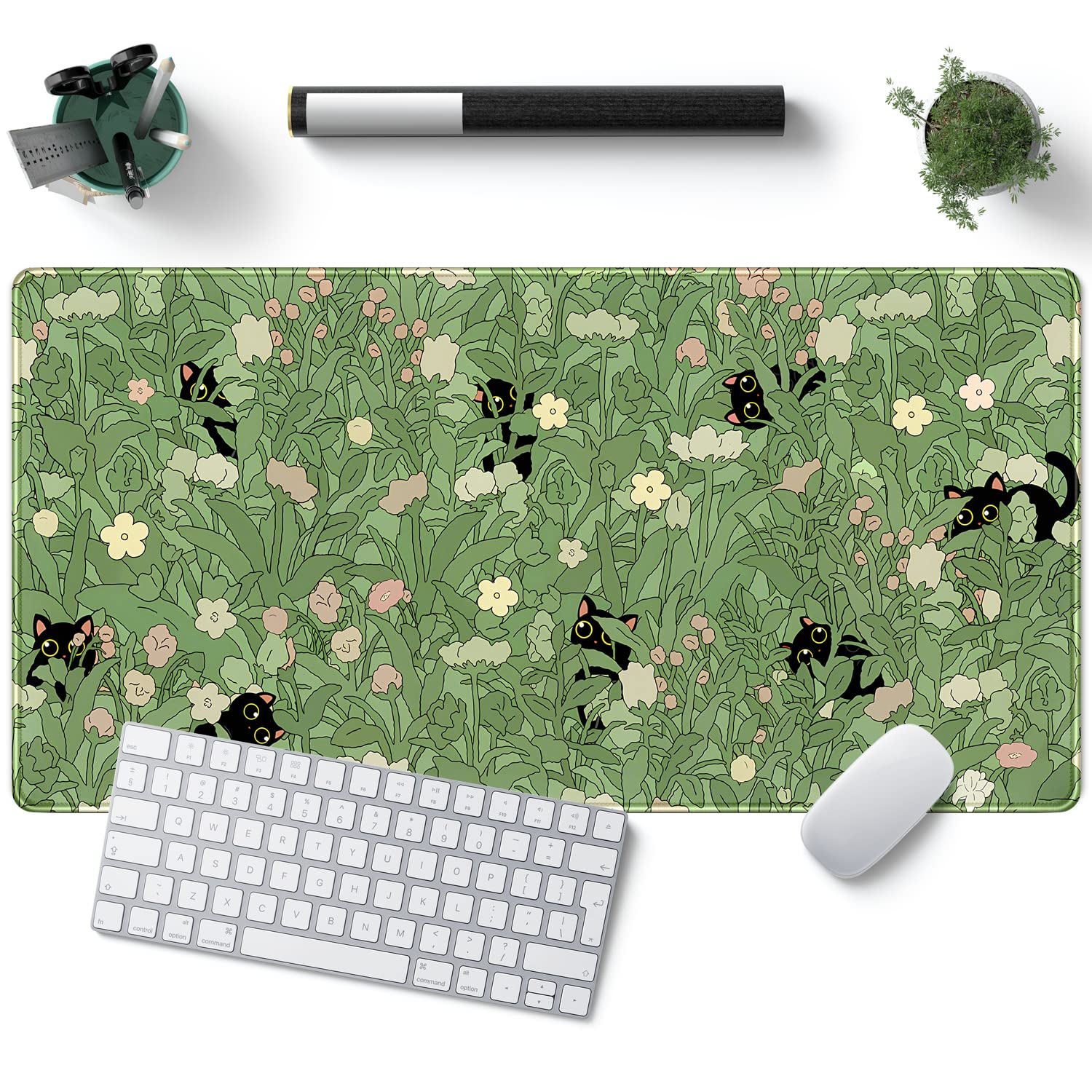 Photo 1 of Green Desk Mat XL Cat Cute Plant Cool Desk Pad Keyboard Mat Kawaii Black Cat Flower Mouse Pad Green Desk Mat Desk Decor with Stitched Edges Non-Slip Large Computer Mat 31.5x15.7in