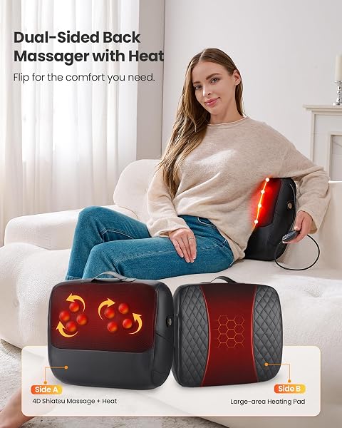 KNQZE SHIATSU BACK MASSAGER FOR PAIN RELIEF WITH HEAT, FATHERS DAY GIFT, DEEP TISSUE MASSAGE CUSHION, DUAL-SIDE HEATING & LUMBAR SUPPORT, PORTABLE CHAIR MASSAGER FOR NECK, SHOULDER, GIFTS FOR MOM DAD