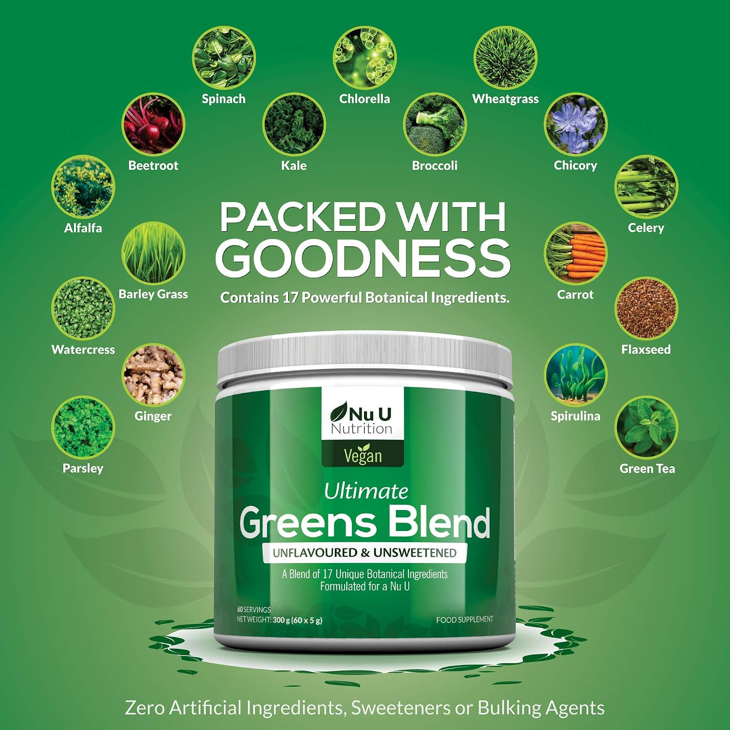 Nu U Nutrition, Greens Powder 300g, 17 Superfood Ingredients, 60 Servings, Unflavoured, Unsweetened - Image 3