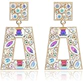VANGETIMI Rhinestone Rectangle Statement Earrings Colorful Crystal Geometric Drop Dangle Earrings for Women Prom Party