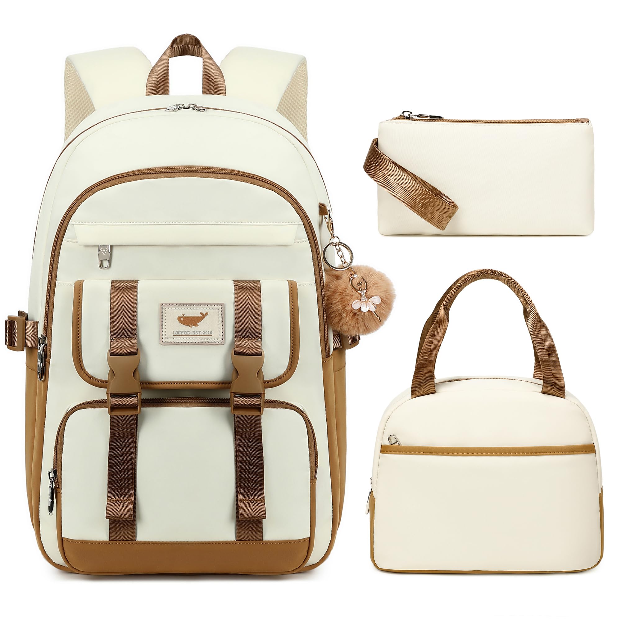 Photo 1 of 3 PCS Backpack for Teen Girls,Laptop Backpacks 15.6 Inch School Bag with Lunch Box Pencil Pouch Set for Students Aesthetic College Bookbag Travel Daypack(Beige Khaki)