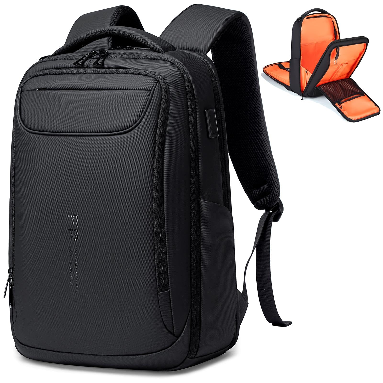 FENRUIEN Business Backpack for Men,Water Resistant Tech Backpack with Charger,Black Laptop Backpack 15.6 Inch