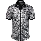 JEMITOP Men's Shiny Metallic Sequin Stretchy Short Sleeve Button Down Shirts for 70s Disco Party Halloween