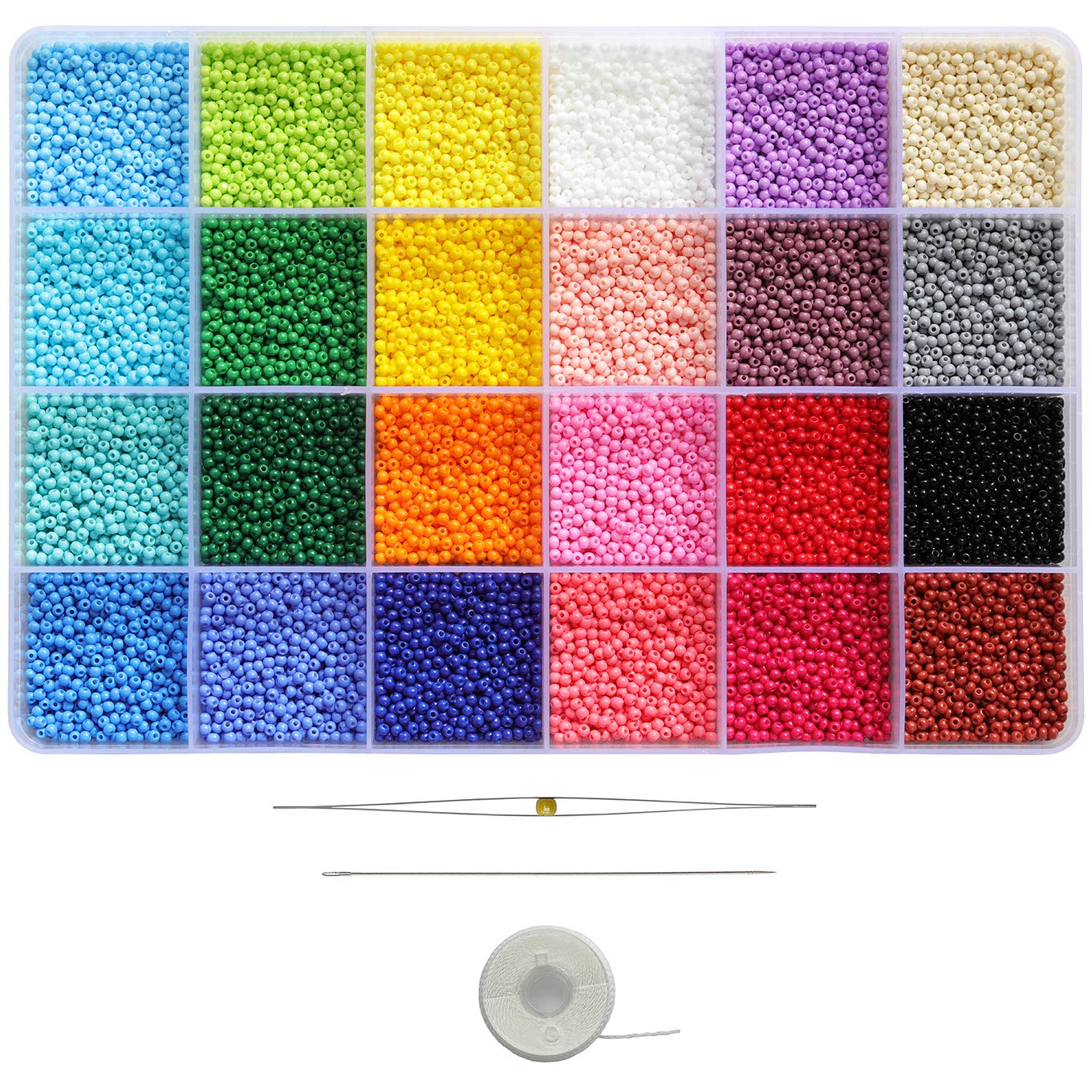 BALABEAD Size Almost Uniform 2mm Seed Beads About 21600pcs in Box, Opaque Color Seed Beads 24 Colors 12/0 Glass Craft Beads for Making Earring (900pcs/Color, 24Colors)