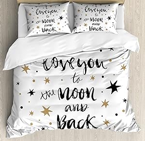 Ambesonne I Love You Duvet Cover Set, Hand Drawn I Love You to The Moon and Back Words with Stars Celebration Theme, Decorative 3 Piece Bedding Set with 2 Pillow Shams, Queen Size, Black Cocoa