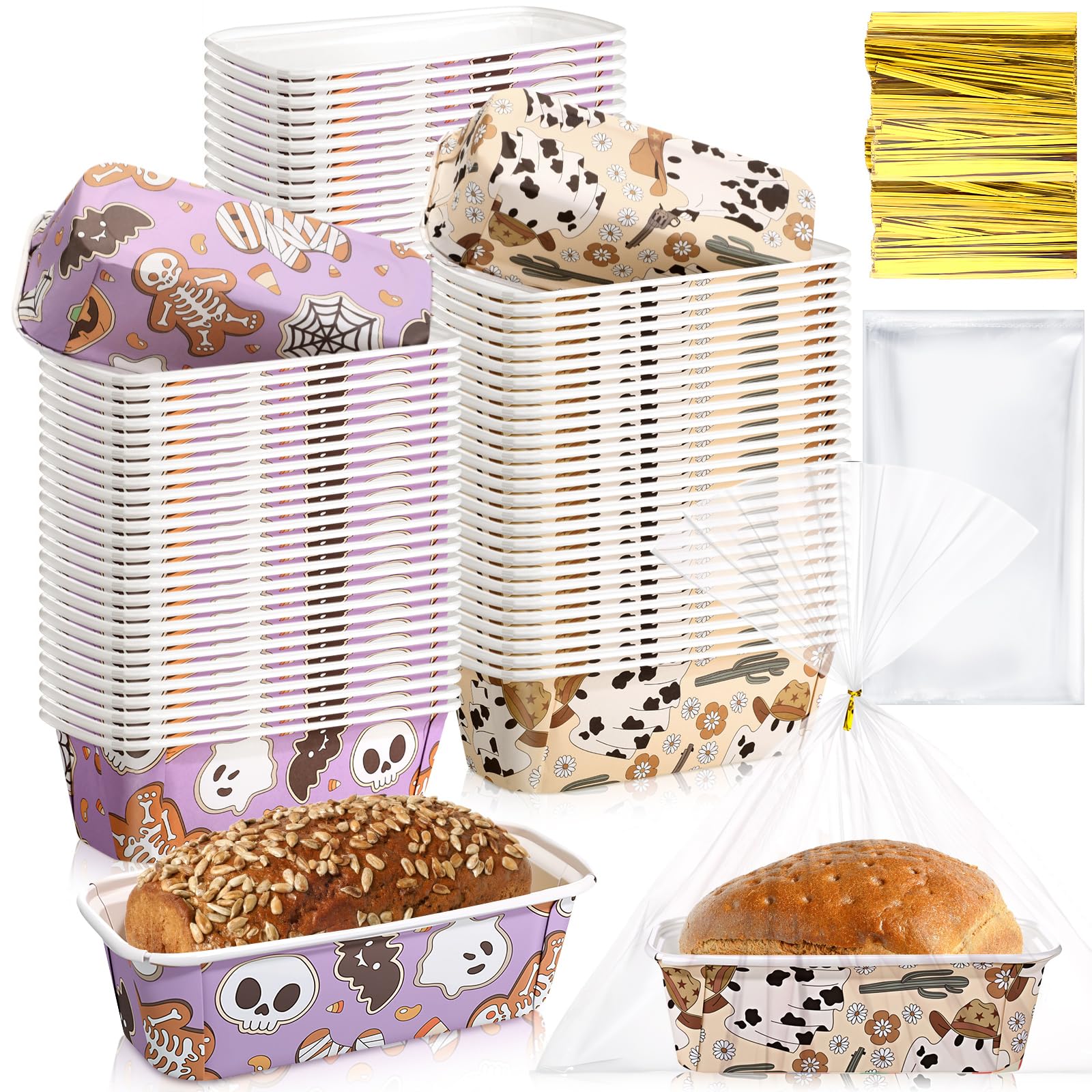 Photo 1 of Honeydak 100 Sets Halloween Paper Baking Pans Bulk Paper Loaf Pans for Baking 6.3 x 2.2 x 2.2 in Disposable Mini Loaf Trays Liners with Clear Plastic Packaging Bags and Ties (Spooky)