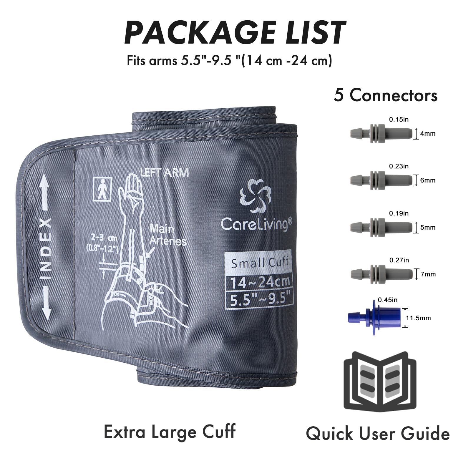 CareLiving Small Blood Pressure Cuff 5.5”-9.5” Inches (14-24CM), Small Child Cuff, Compatible with Most Monitors, ARM Blood Pressure Replacement Cuff with 5 Connectors