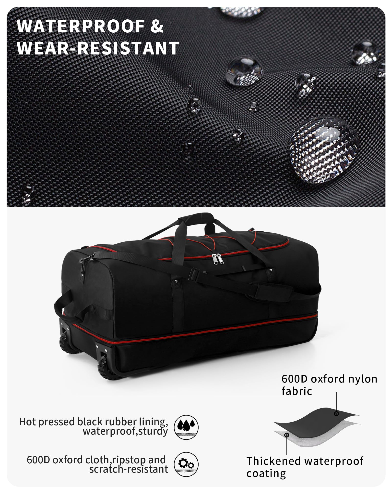 CONTAIL 32” Soft-side 110L Expandable 140L Rolling Duffle Bag with 2 Inline Wheels,Convertible Weekend Travel Bag with Bungee-Cord System,Black-red