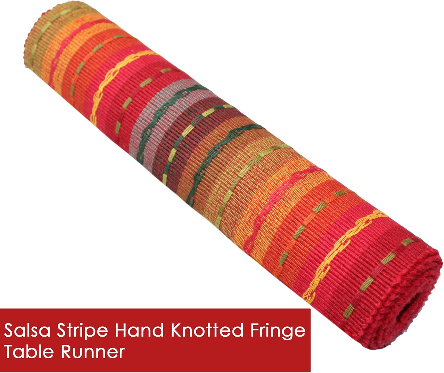 COTTON CRAFT - Salsa Stripe Hand Knotted Fringe Table Runner - 14x72 - Red Multi Cotton Hand Woven by Skilled artisans - Unique Hand Knotted Decorative Fringe: Home & Kitchen