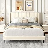 Gruwans Queen Size Bed Frame with Upholstered Wingback Headboard, Easy Assemnly Platform Bed, Wooden Slat Support No Box Spring Needed, Cream