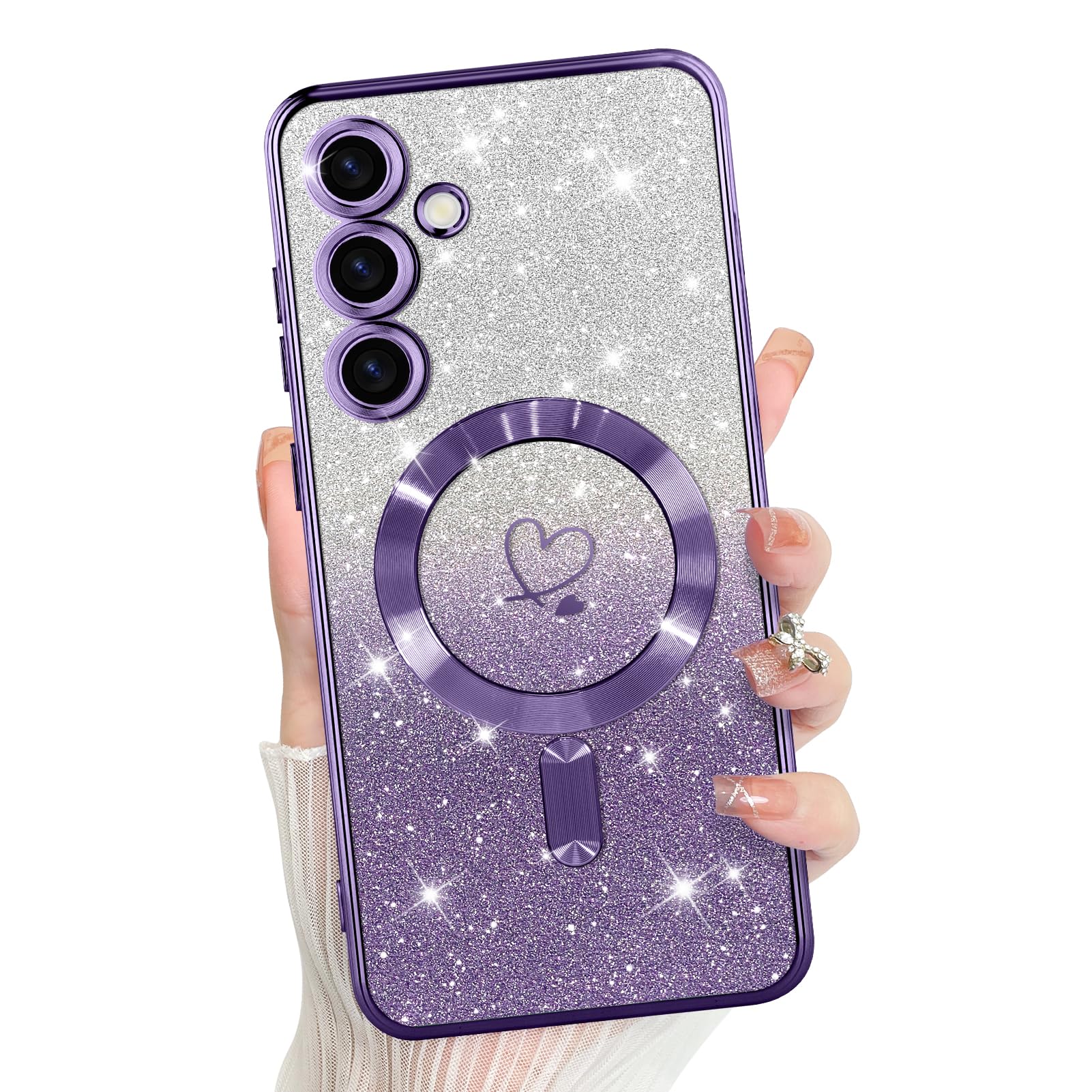 Photo 1 of Bonoma Compatible with Samsung Galaxy S24 Fe Case Support for MagSafe, Plating Heart Glitter Magnetic Case TPU Camera Protection Back Cover for Phone Case -Purple
