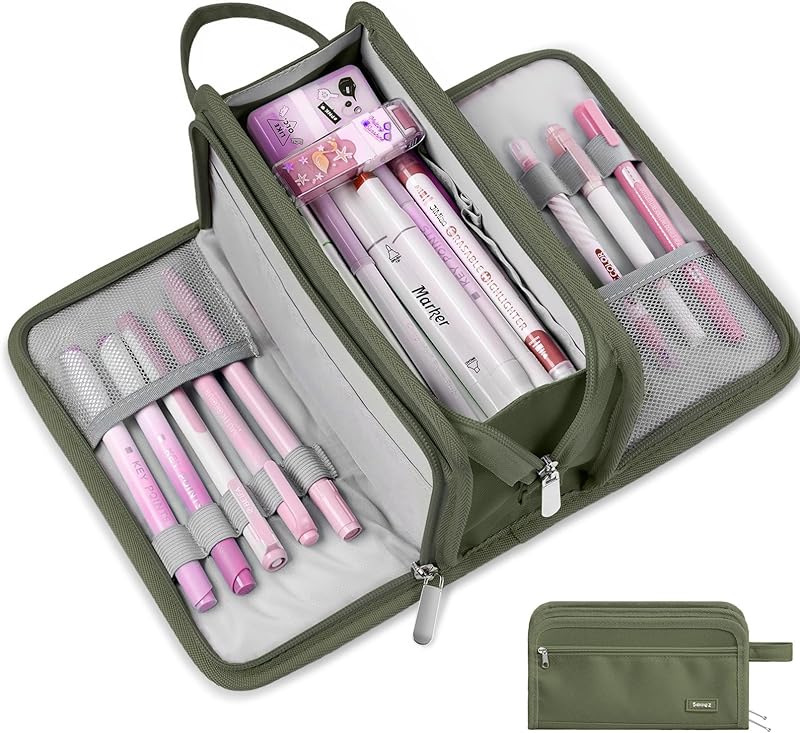 Sooez Large Pencil Case, Big Capacity Pencil Pouch Pen Bag with 3 Compartment, Portable Canvas Stationery Organizer with Zipper, Cute Aesthetic School Supplies for Teen Girls, Army Green