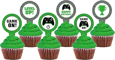 Amazon ビデオゲームパーティーカップケーキトッパーは6つのスタイル合計24ピース ゲームテーマパーティー 誕生日パーティーにインスピレーションを受けたアイテムに最適です パーティーグッズ おもちゃ