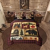 Erosebridal Bear Cabin Plaid 7 Piece Comforter Set Queen,Rustic Farmhouse Bed in a Bag,Retro Hunting Deer Bedding,Country Woodland Pine Tree Quilt Set,Maple Leaf Lodge Fitted Sheet,Red Black Brown