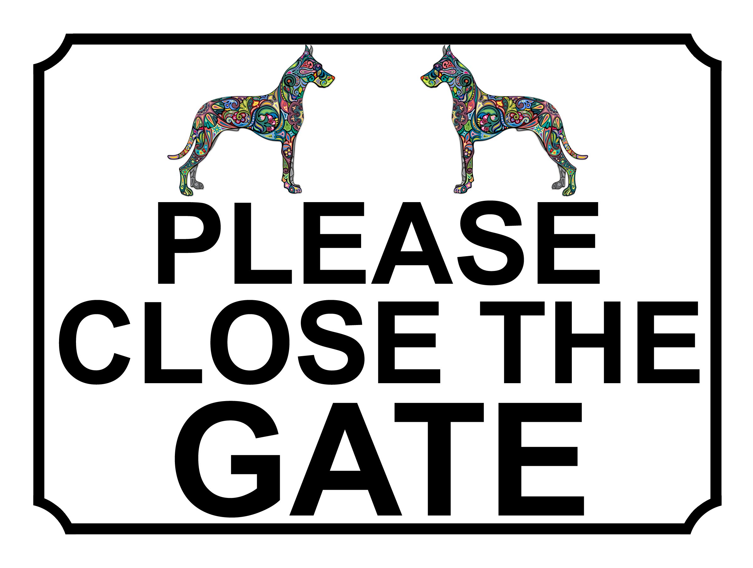 PLEASE CLOSE THE GATE COLOURFUL DOG THEME METAL SIGN 267MM X 200MM (149H1L) LARGE 10" X 8"