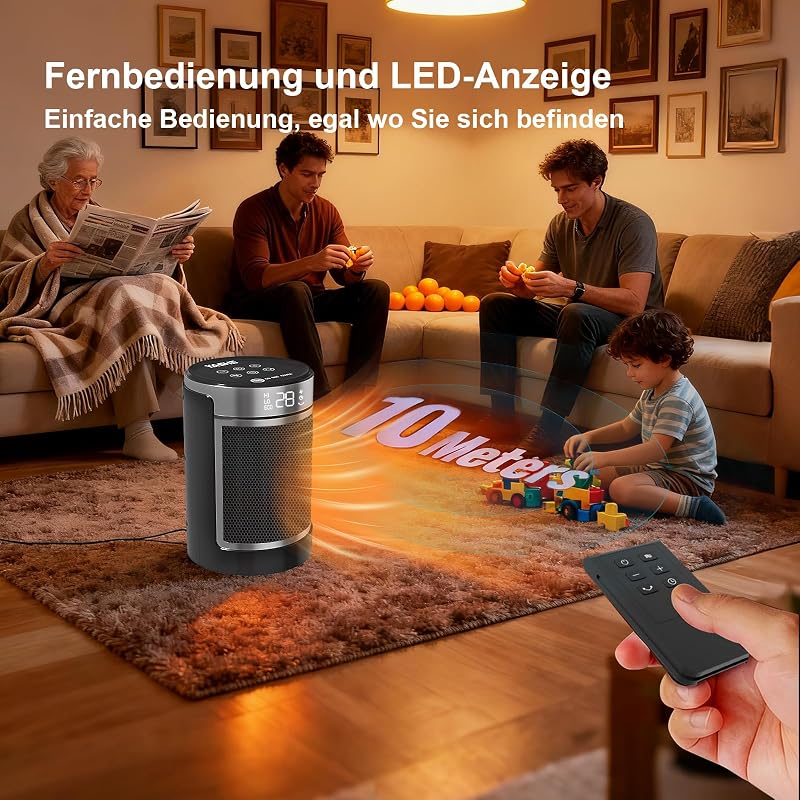 Heizlüfter 1500W/750W, 34 dB leise, PTC-Keramik, Thermostat 5–36 °C (±1°), 70° Oszillation, 24 h Timer, ECO/HI/LOW/FAN, Fernbedienung, Kippschutz, Überhitzungsschutz, V0, für Schlafzimmer