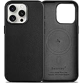 Belemay Compatible with iPhone 14 Pro Leather Case, Compatible with MagSafe - Luxury Tumbled Leather - Metal Buttons & Lens Protector - Slim Fit&Durable - Distinctive Texture (6.1-inch) - Black