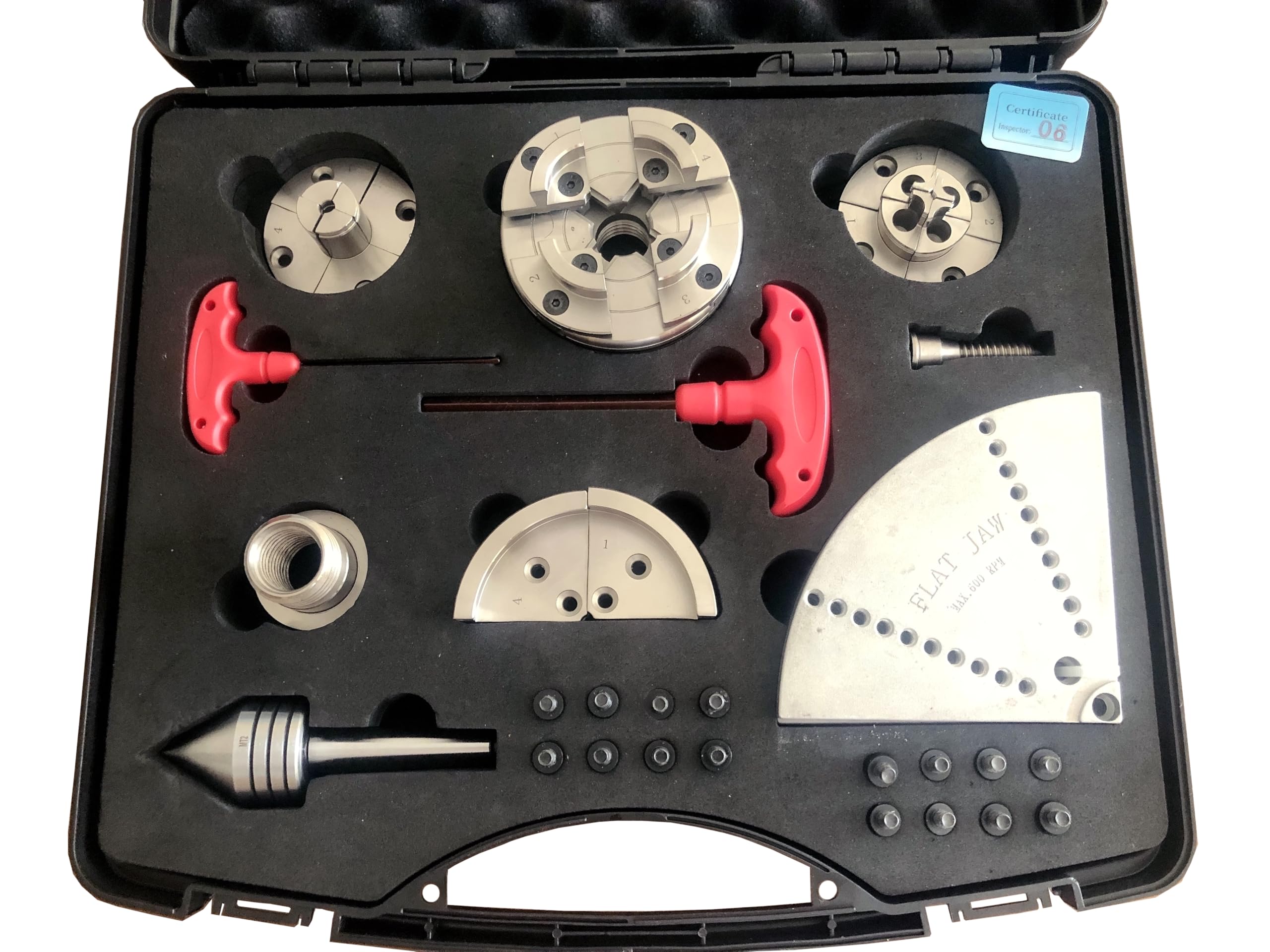 Photo 1 of LLDSIMEX 4 Inch Wood Lathe Chuck Set, 1 x 8 tpi Thread, 5 sets 4 Jaw, Nickel Plated, With MT2 Live Center