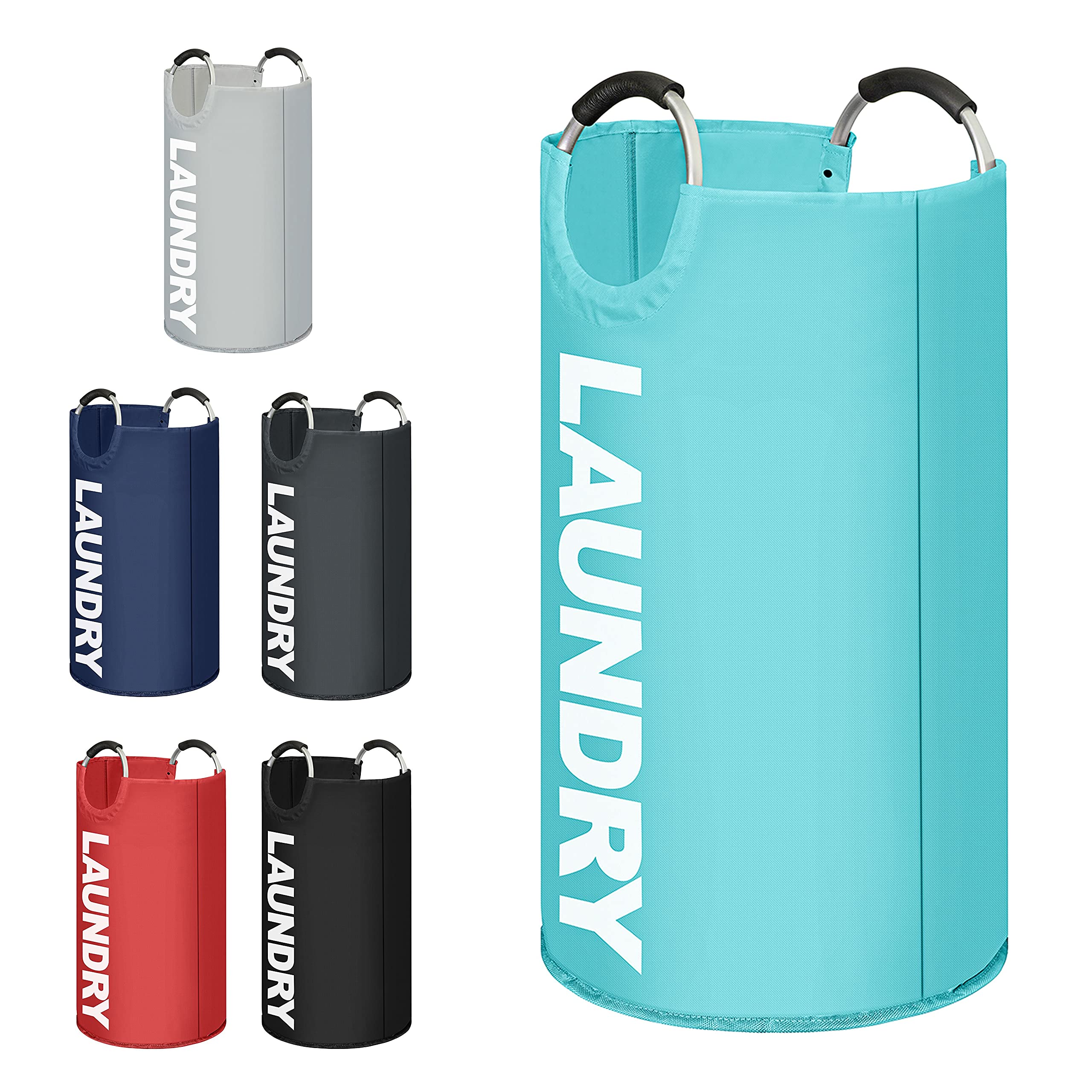 K-ONE Modern Style Collapsible Fabric Large Laundry Basket, Hamper, Foldable Clothes Bag, Folding Washing Bin 6 Colors available 82L (Sky Blue)