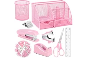 auroray Pink Desk Organizers and Accessories, Pink Office Supplies Include Mesh Desk Organizer, Tape Dispenser, Stapler, 1000 Staples, Staple Remover, Pen Holder, Clips Set, Ruler, Scissors