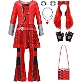 ZapLute Girl Rise of Red Costume 8 Pcs Princess Red Jumpsuit Full Sets Halloween Copslay Party Dress up for Kids 4-12 Years