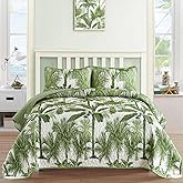 Luxudecor Tropical Plants Quilt Set Queen Size 3 Pieces Green Palm Botanical Bedspread Rainforest Style Bedding Set Soft Lightweight Bed Cover for All Season 96"x90"