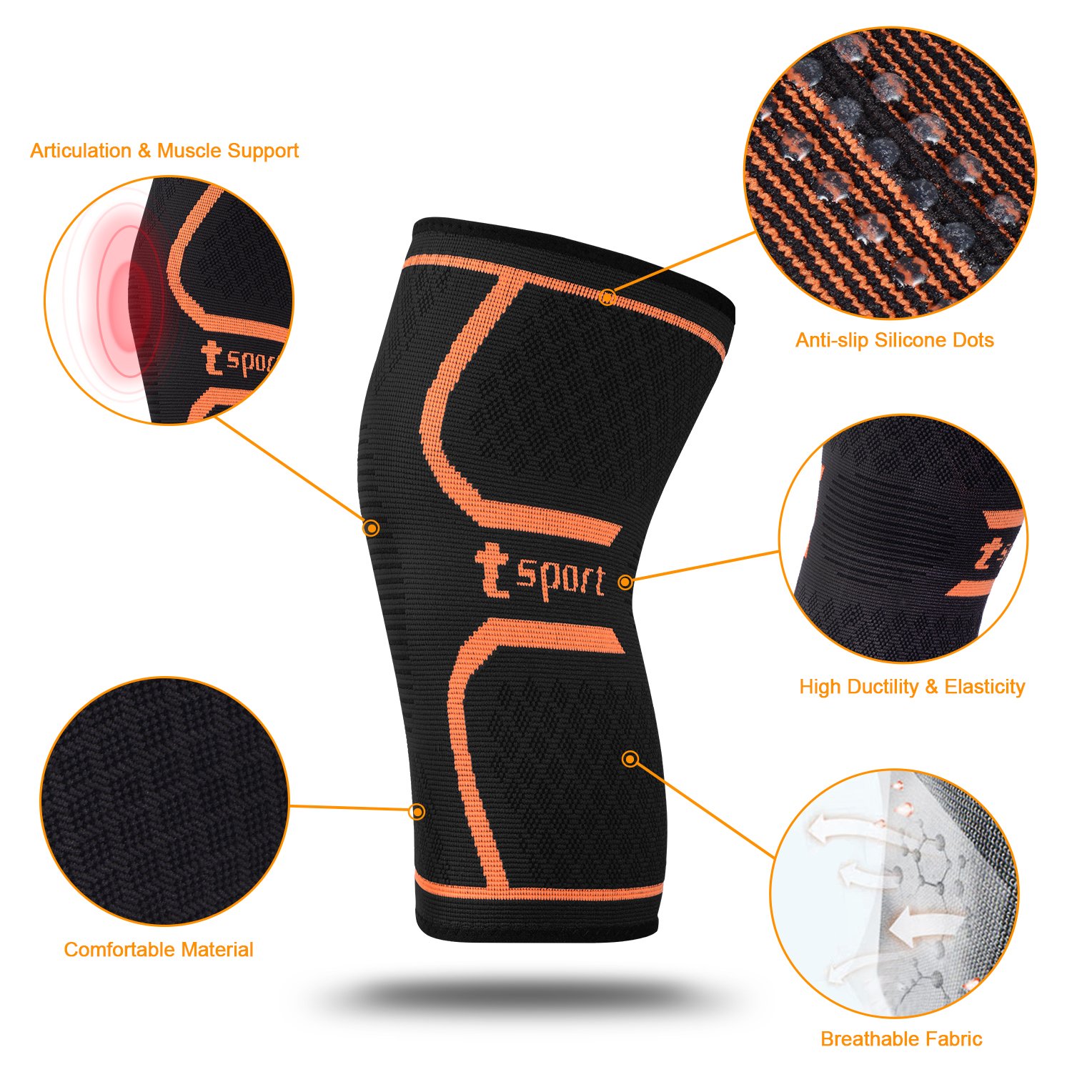Toplus Knee Brace, Knee Support, Breathable, Anti-slip, Injury Recovery Compression Knee Sleeve for Sports, Running, Jogging, Arthritis, 1 Pair