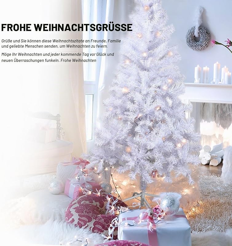 Künstlicher Weihnachtsbaum, Lametta-Blatt-Tanne 120–210cm Bäume mit Metallunterstützung (Glänzend Weiß, 180cm 477Tips)