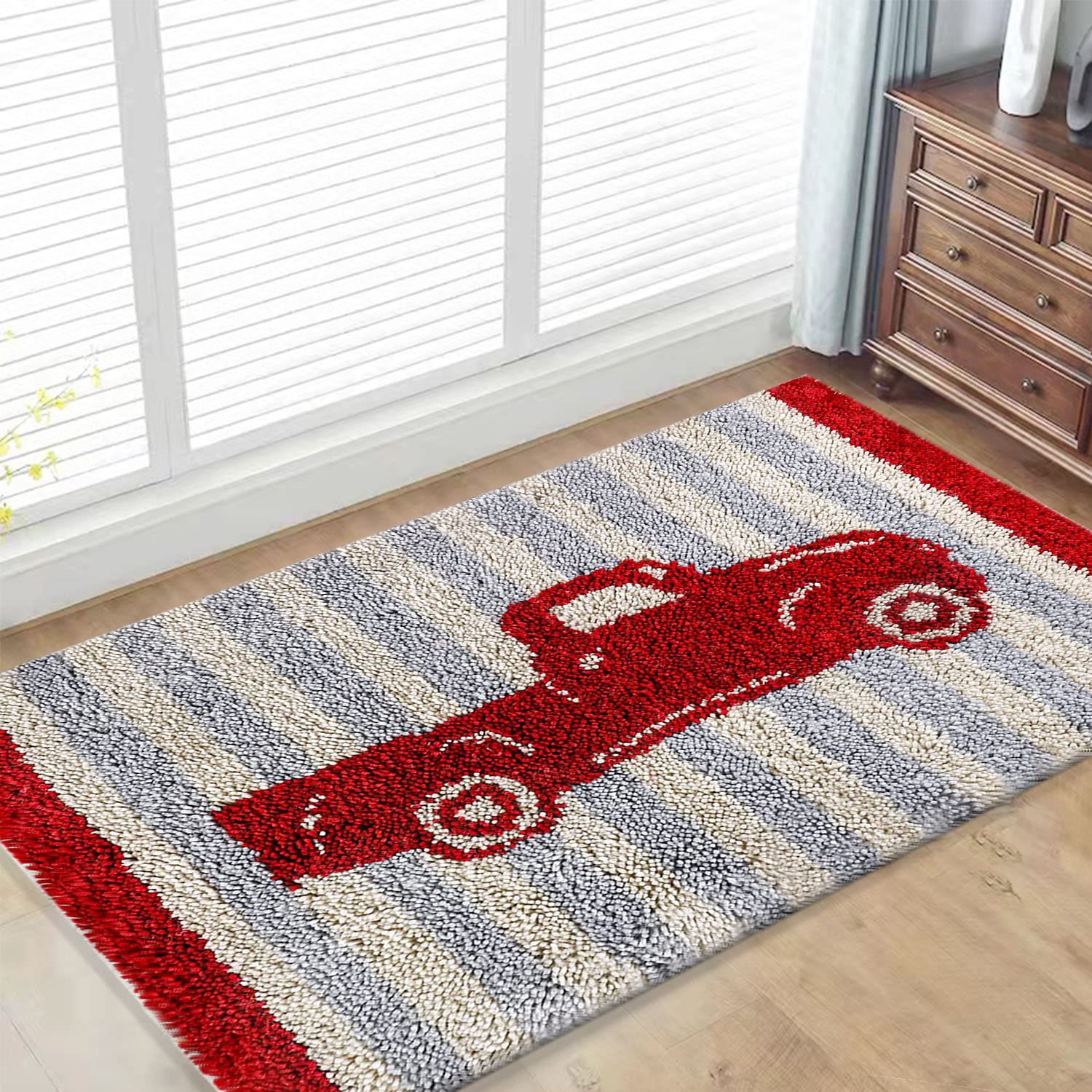 ROCKY&CHAO Latch Hook Rug Kit for Adults Kids 80cmx55cm, Red Truck Car, DIY Rug Crochet Kit Carpet Rug Making Kits for Home Decor, Large Floor Cushions Knitting Cross Stitch Kit