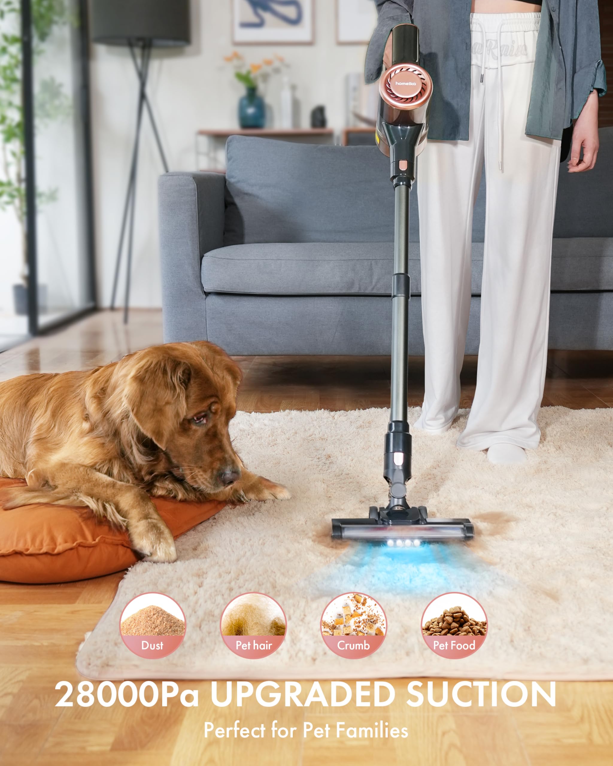 Homeika 28Kpa Cordless Vacuum, 380W Motor, 8-in-1 Lightweight Stick Vac with 50 Min Battery for Carpet & Pet Hair