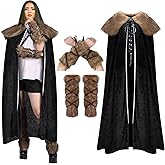Suhine 3 Sets Halloween Viking Women Costume Include Cape with Fur Collar Faux Fur Arm Cuffs Faux Leg Warmers for Halloween Women Cosplay Party
