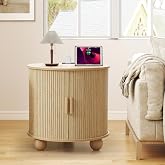 SUJOUCRAFT 24" End Table with Charging, Night Stand Side Table with Storage | Natural Wood End Table, Round Fluted Wood Night Stand, Mid-Century Side Table with Sliding Door for Living Room Bedroom