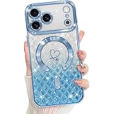 Bonoma Compatible with iPhone 17 Pro Max Case 2025 Support for MagSafe, Plating Heart Glitter Magnetic Checkered Case TPU Camera Protection Back Cover for Girls Women -Blue