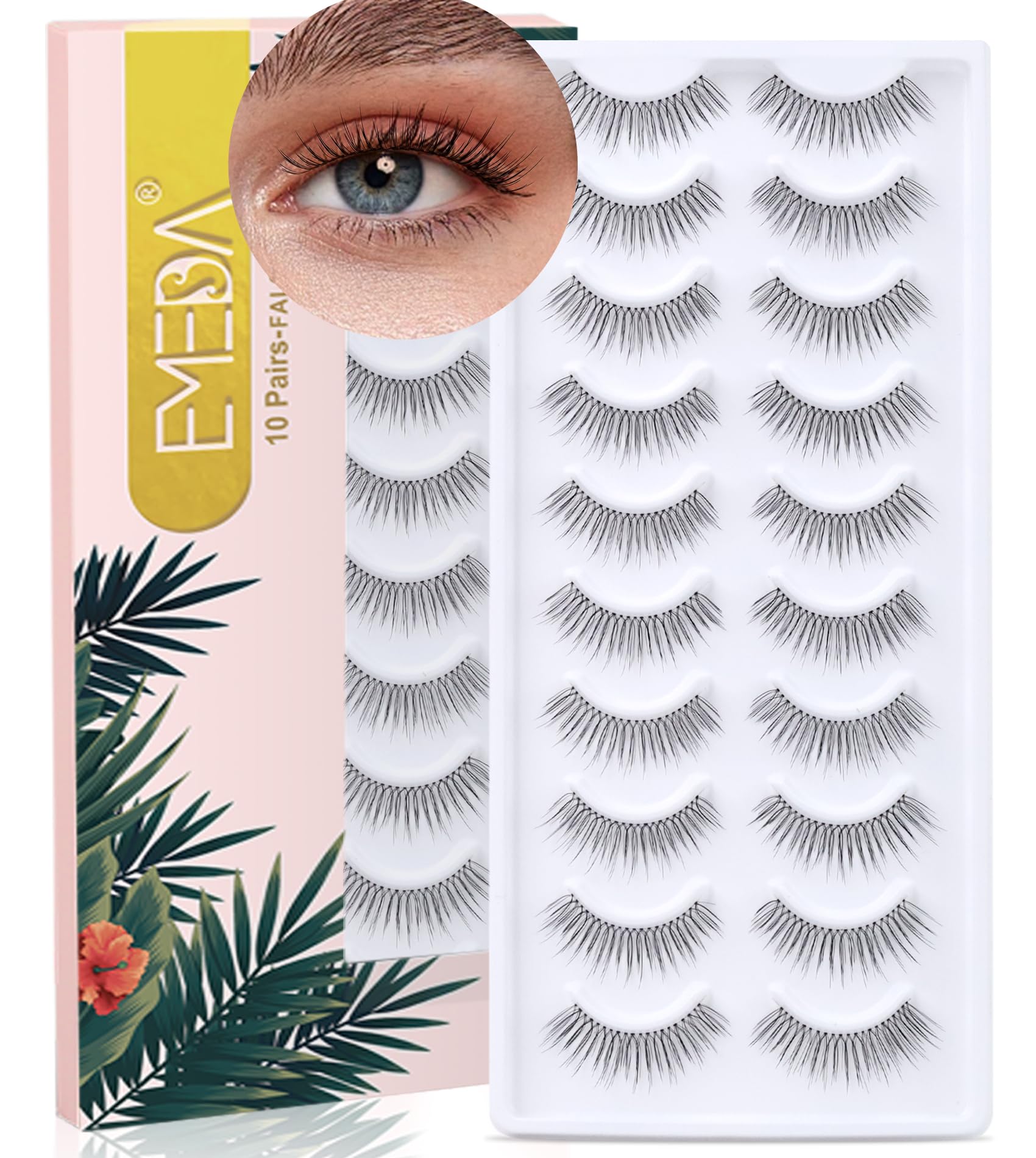 Natural Look False Eyelashes 10 Pairs 100% hand-tied Short Lashes Length 9-11mm Transparent Invisible Band Fake Eye Lashes Strip Natural Faux lashes (A37)