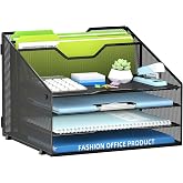 Desk File Organizer with 4 Letter Trays and 2 Vertical File Holders, Black | Metal Mesh Paper Letter Tray Organizer for Documents Folders Mail, Desk Organizers and Accessories for Home Office