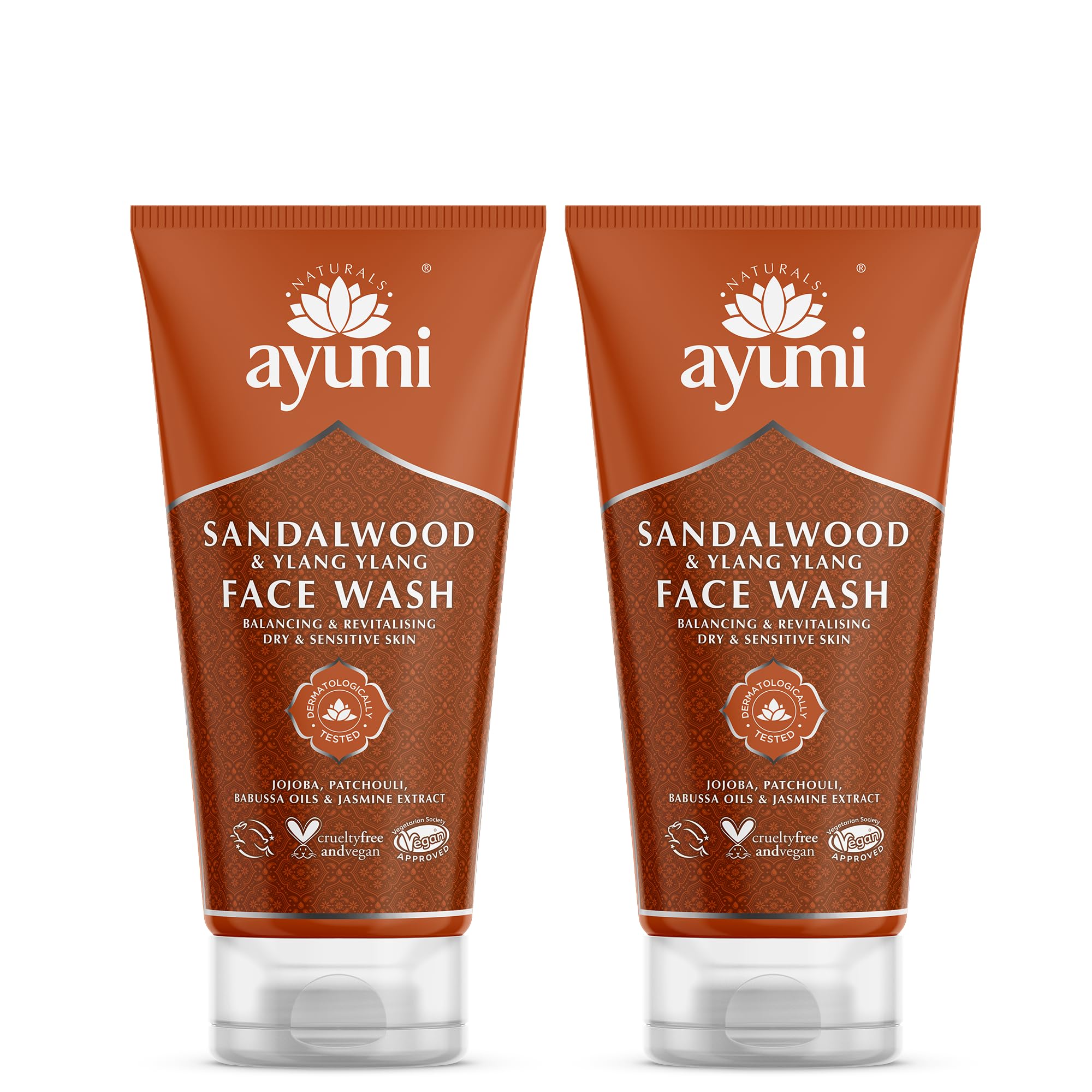 Ayumi Sandalwood Dry Skin Face Wash | Hydrating Wash for Dry & Sensitive Skin | Aromatic Natural Facewash with Ylang Ylang Essential Oil & Jojoba | Face Wash Women & Men | 2x150ml