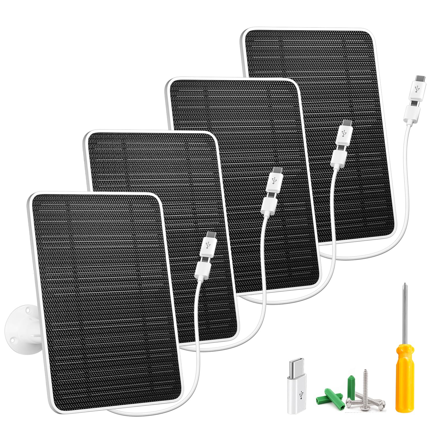 Photo 1 of Solar Panel for Security Camera, 5W USB Solar Panel for DC 5V Security Camera, Micro USB & USB-C Port Solar Panel, IP65 Waterproof Solar Charger for Camera,360° Adjustable Mounting 13ft Cable, 4 Pack