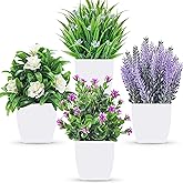 Der Rose 4 Pack Fake Plants Small Artificial Potted Faux Plants with Flowers for Home Bathroom Living Room Office Decor Indoor
