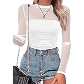 SAUNGKUAI Women's Mesh Long Sleeve Bodysuit Mock Neck Ruched Sheer Thong Body Suits Fall Outfits