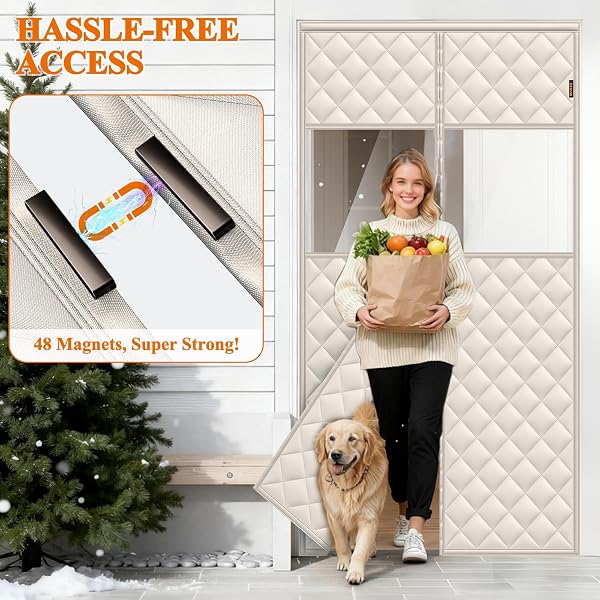 MAGZO MAGNETIC DOOR DRAFT STOPPER CURTAIN WITH PERSPECTIVE WINDOW, 60″ X 80″, MADE OF OXFORD&COTTON, SCREEN INSULATION COVER BLANKET FOR WINTER/WIDE FRENCH PATIO DOORS, KEEP WARM IN WINTER, BEIGE