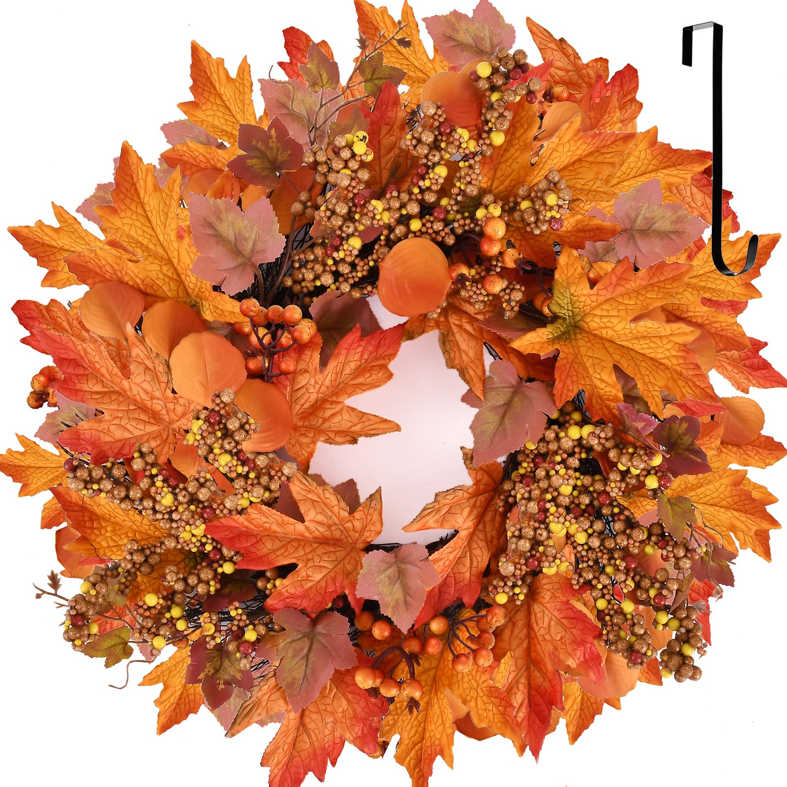 Photo 1 of 20 lnch Artificial Fall Wreath for Front Door Autumn Wreath with Bright Maple Leaf,Berry Branches,Mixed Leaves for Farmhouse Indoor Outdoor Window Wall Door Decor
