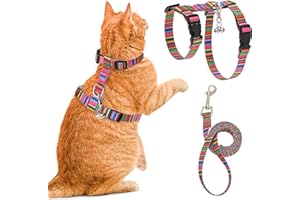 FLYSTAR Cat Harness Escape Proof, Adjustable Cute Colorful Striped Soft Cat Harness and Leash Set with Bell for Walking Outdoor