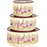 TAUFIKT Food Storage Containers with Lids, 4"/ 5"/ 6" Nesting Bowls Set, Serving Bowls with Lids Set, Pasta Ceramic Bowls Set Decorative Bowl for Soup, Stew, Cereal, Microwave and Oven Safe (Rose)